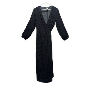 H&M Hearts Print Wrap Maxi Dress Womens Medium Black Red Ballon Sleeves Modest